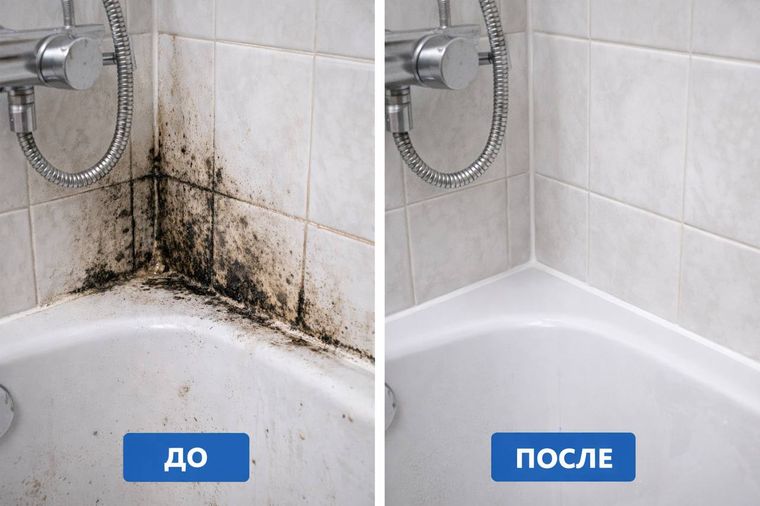 Удаление плесени в ванной — до и после